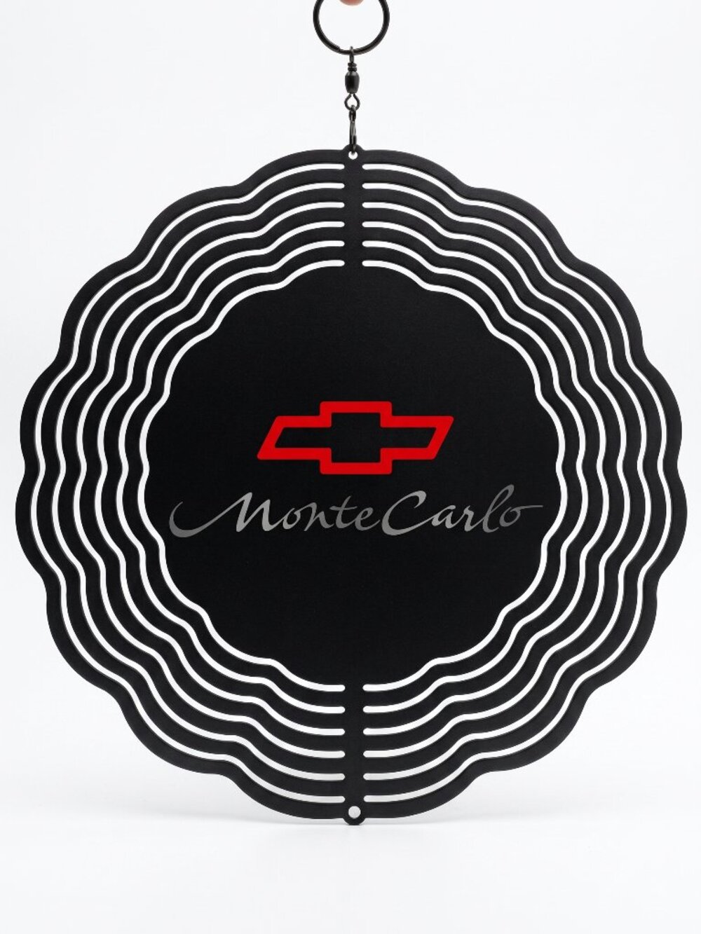 10" Chevy Monte Carlo Red Bowtie Kinetic Wind Spinner - Black Metal Yard Decor